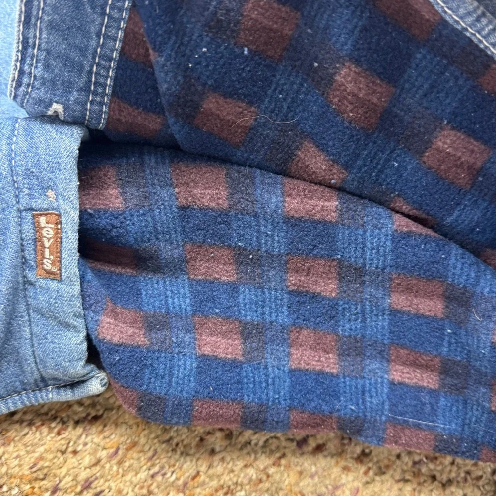 Levi Strauss Mens Denim Shirt Jacket Fleece Lined Blue Plaid Medium RN107622 - Picture 3 of 9